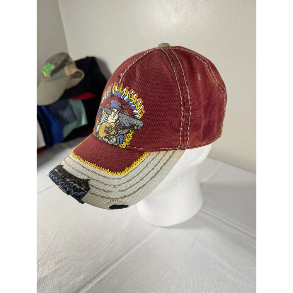 Vtg Y2K True Religion Distressed Buddha Guitar Hat Burgundy Strapback Cap Rare